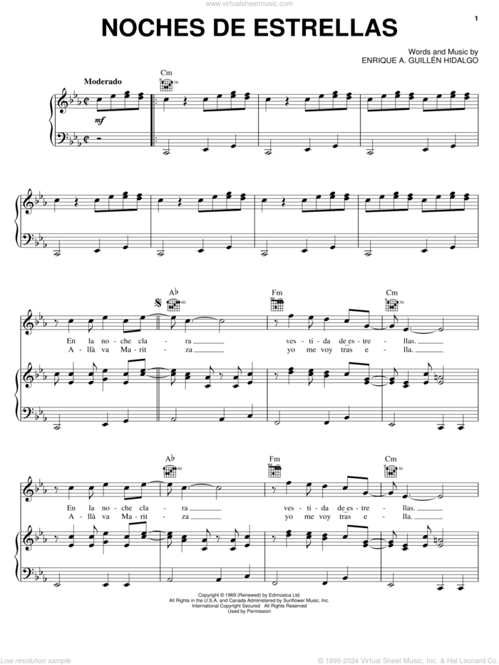 Noches De Estrellas sheet music for voice, piano or guitar by Enrique A. Guillén Hidalgo, intermediate skill level