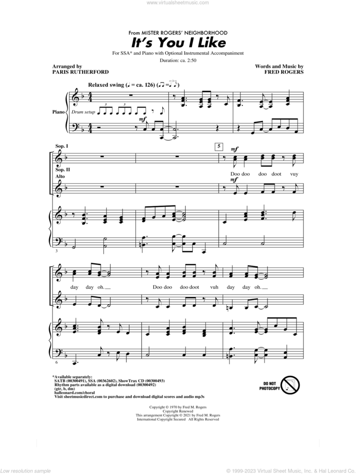 It's You I Like (from Mister Rogers' Neighborhood) (arr. Paris Rutherford) sheet music for choir (SSA: soprano, alto) by Fred Rogers and Paris Rutherford, intermediate skill level