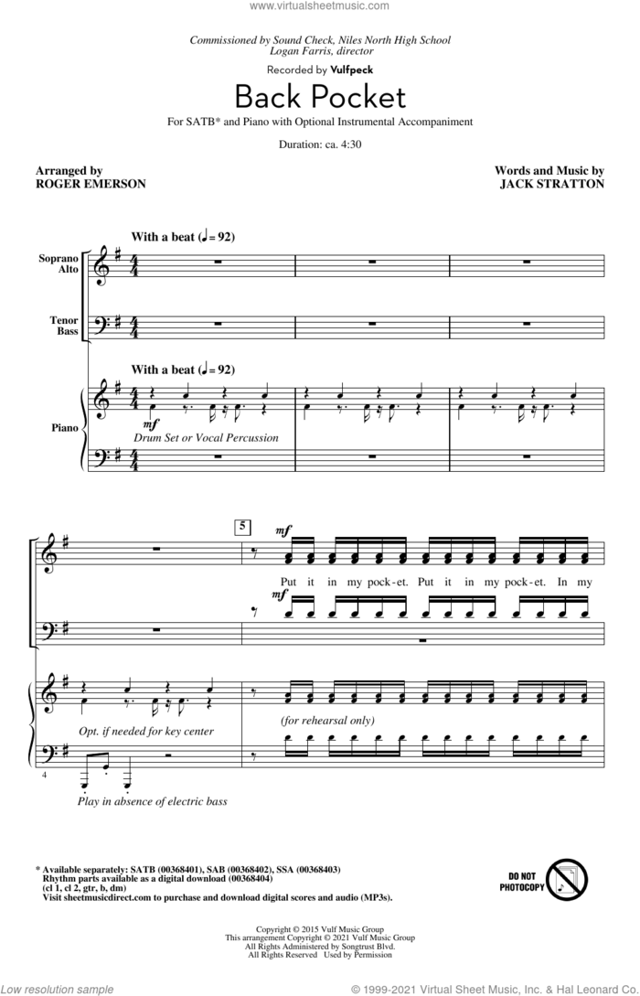 Back Pocket (arr. Roger Emerson) sheet music for choir (SATB: soprano, alto, tenor, bass) by Vulfpeck, Roger Emerson and Jack Stratton, intermediate skill level