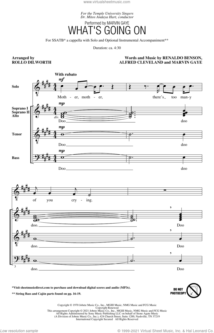 What's Going On (arr. Rollo Dilworth) sheet music for choir (SATB: soprano, alto, tenor, bass) by Marvin Gaye, Rollo Dilworth, Al Cleveland and Renaldo Benson, intermediate skill level