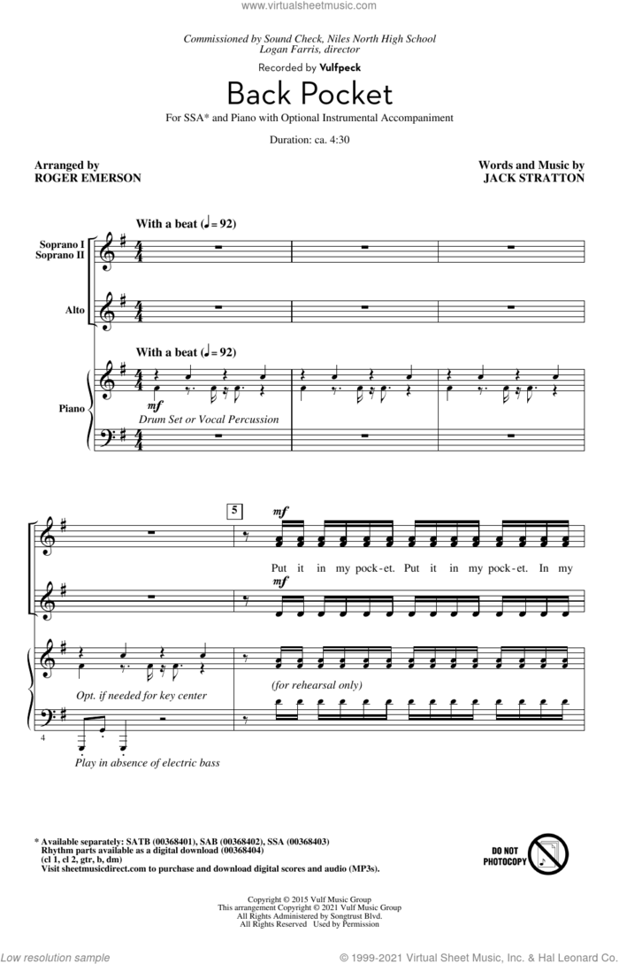 Back Pocket (arr. Roger Emerson) sheet music for choir (SSA: soprano, alto) by Vulfpeck, Roger Emerson and Jack Stratton, intermediate skill level