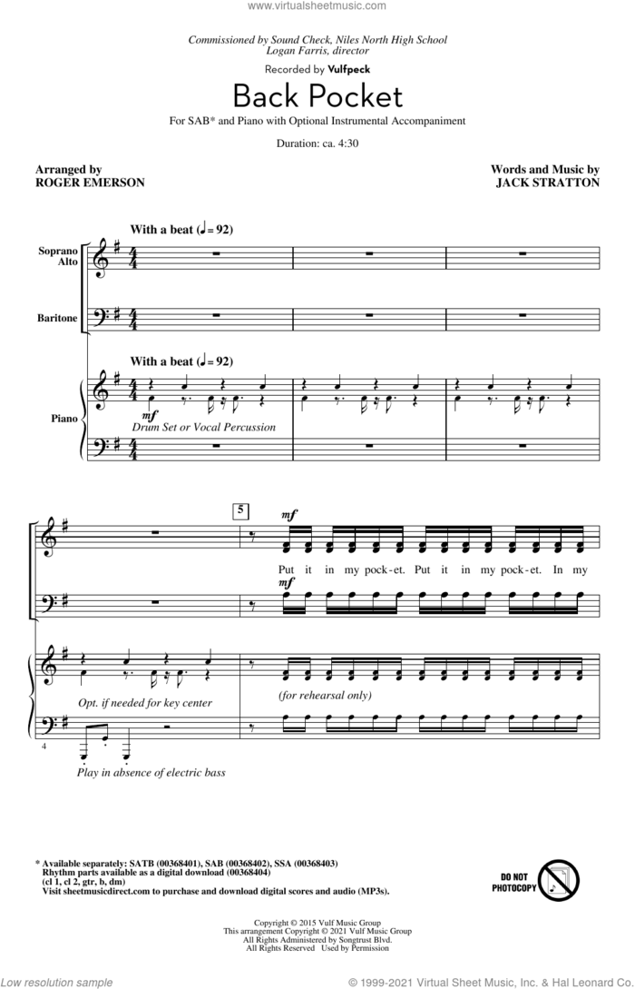 Back Pocket (arr. Roger Emerson) sheet music for choir (SAB: soprano, alto, bass) by Vulfpeck, Roger Emerson and Jack Stratton, intermediate skill level