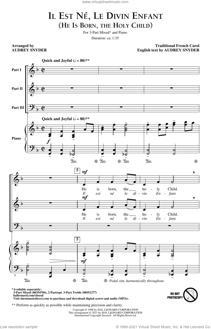 Il Est Ne, Le Divin Enfant (He Is Born, The Holy Child) (arr. Audrey Snyder) sheet music for choir (3-Part Mixed)  and Audrey Snyder, intermediate skill level