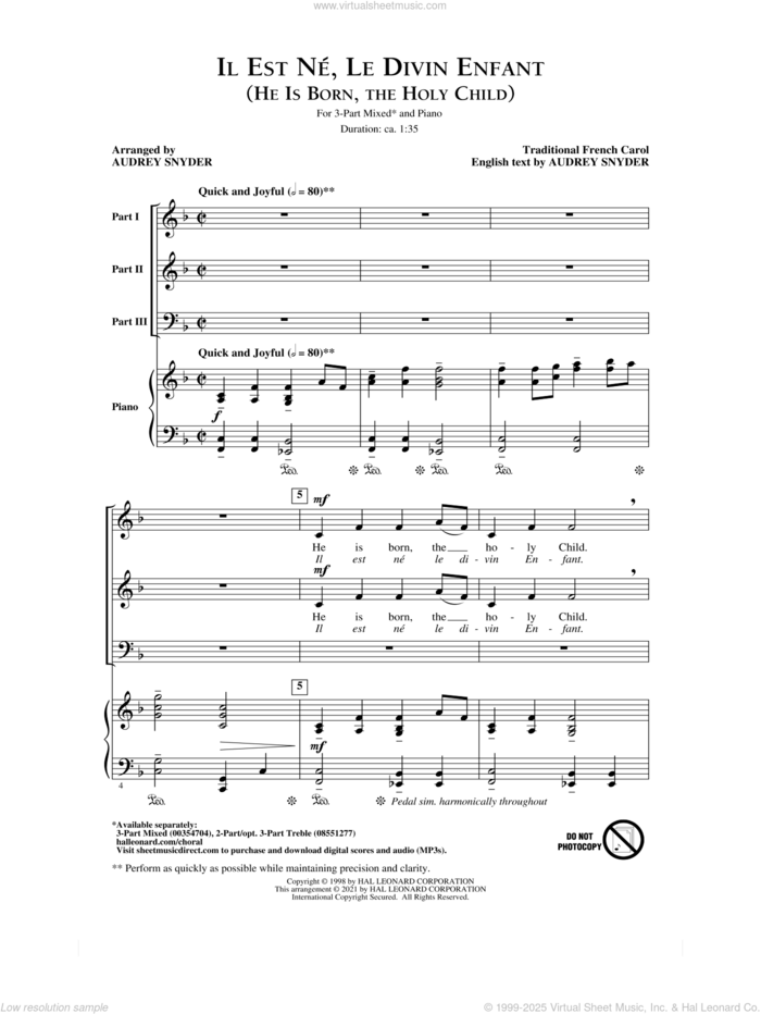 Il Est Ne, Le Divin Enfant (He Is Born, The Holy Child) (arr. Audrey Snyder) sheet music for choir (3-Part Mixed)  and Audrey Snyder, intermediate skill level