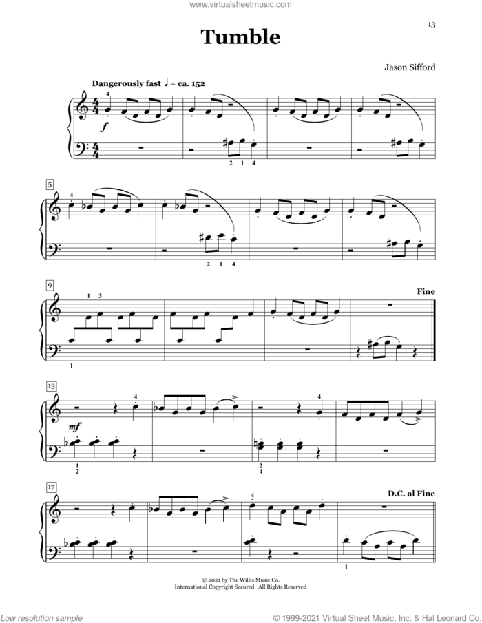 Tumble sheet music for piano four hands by Jason Sifford, intermediate skill level