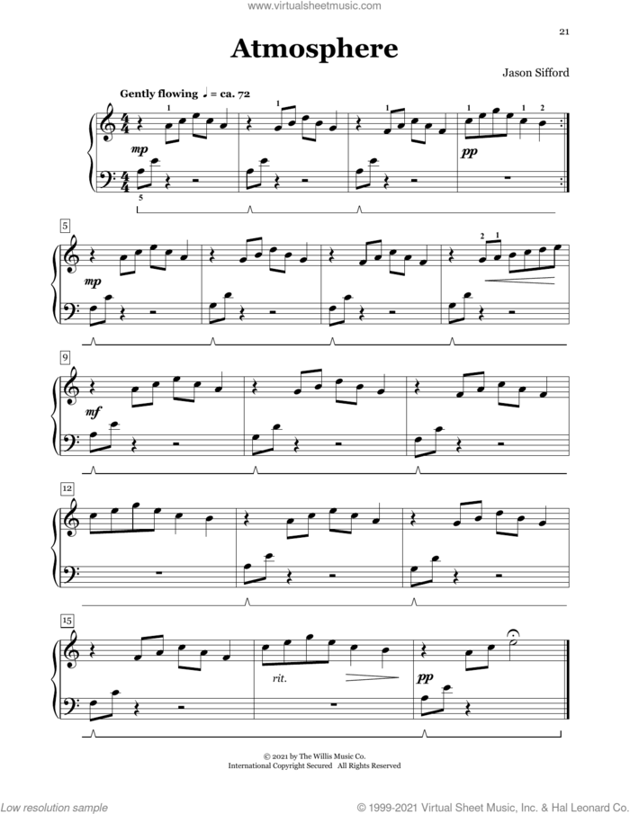 Atmosphere sheet music for piano four hands by Jason Sifford, intermediate skill level