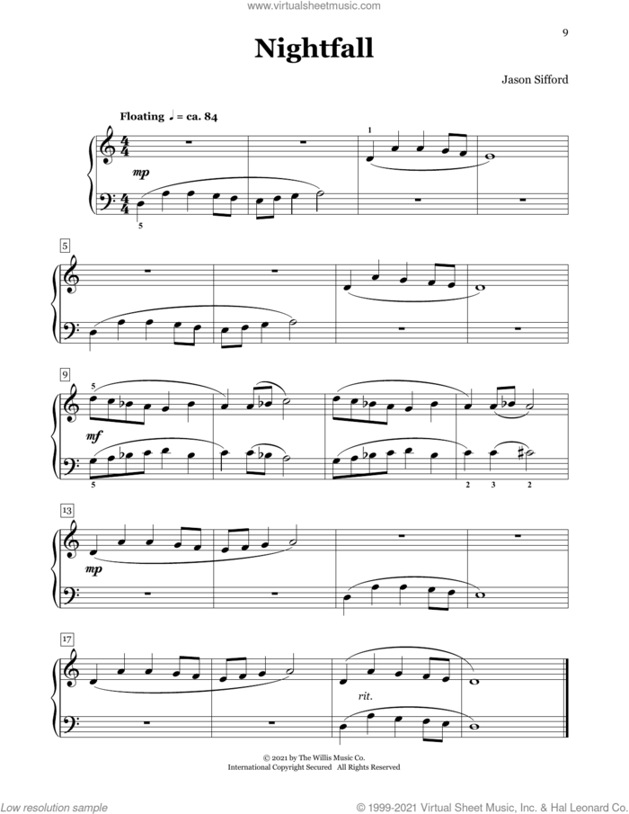 Nightfall sheet music for piano four hands by Jason Sifford, intermediate skill level