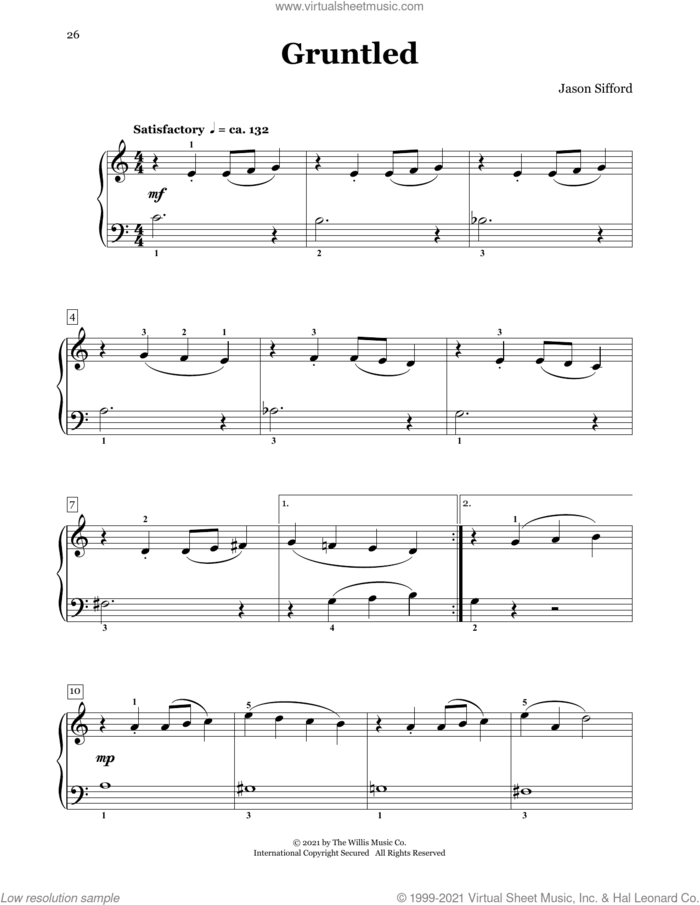 Gruntled sheet music for piano four hands by Jason Sifford, intermediate skill level