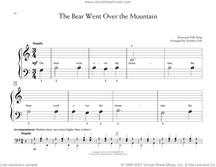 The Bear Went Over The Mountain (arr. Jennifer Linn) sheet music for piano solo (elementary)  and Jennifer Linn, beginner piano (elementary)