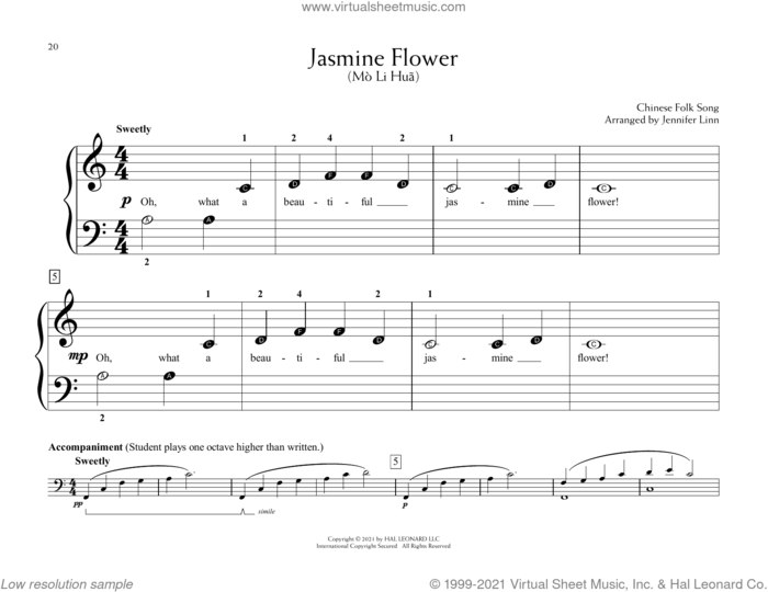 Jasmine Flower (Mò Li Huã) (arr. Jennifer Linn) sheet music for piano solo (elementary) by Chinese Folk Song and Jennifer Linn, beginner piano (elementary)