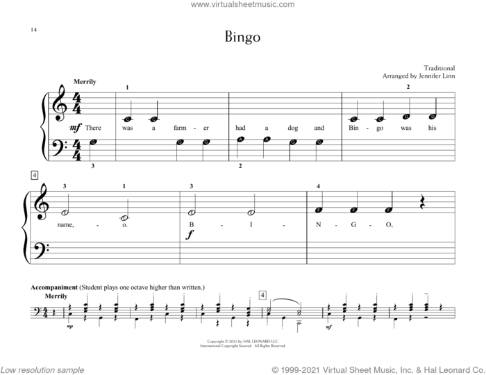 Bingo (arr. Jennifer Linn) sheet music for piano solo (elementary)  and Jennifer Linn, beginner piano (elementary)