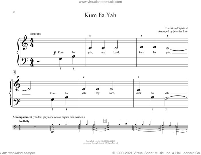 Kum Ba Yah (arr. Jennifer Linn) sheet music for piano solo (elementary)  and Jennifer Linn, beginner piano (elementary)