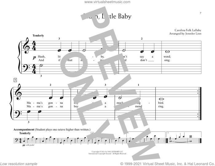 Hush Little Baby (arr. Jennifer Linn) sheet music for piano solo (elementary) by Carolina Folk Lullaby and Jennifer Linn, beginner piano (elementary)