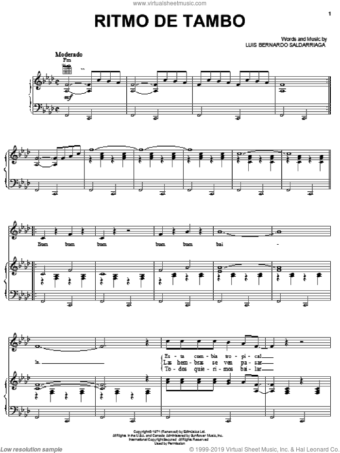 Ritmo De Tambo sheet music for voice, piano or guitar by Luis Bernardo Saldarriaga, intermediate skill level