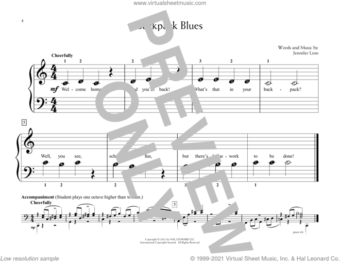 Backpack Blues sheet music for piano solo (elementary) by Jennifer Linn, beginner piano (elementary)