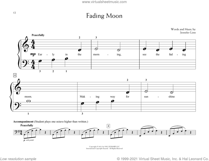 Fading Moon sheet music for piano solo (elementary) by Jennifer Linn, beginner piano (elementary)