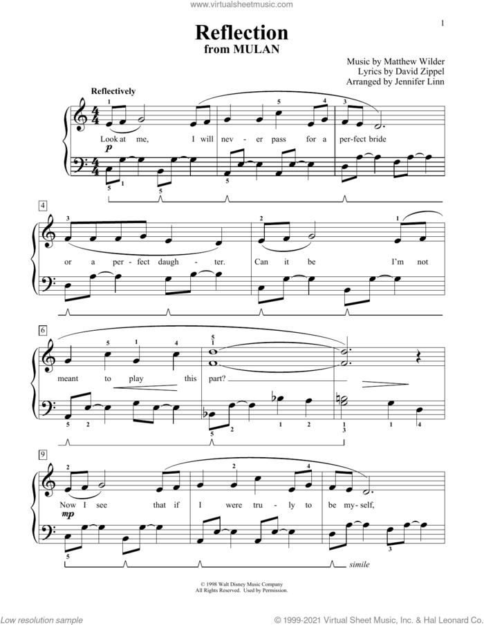 Reflection (from Mulan) (arr. Jennifer Linn) sheet music for piano solo (elementary) by Christina Aguilera, Jennifer Linn, David Zippel and Matthew Wilder, beginner piano (elementary)