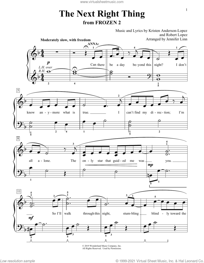 The Next Right Thing (from Disney's Frozen 2) (arr. Jennifer Linn) sheet music for piano solo (elementary) by Kristen Bell, Jennifer Linn, Kristen Anderson-Lopez and Robert Lopez, beginner piano (elementary)