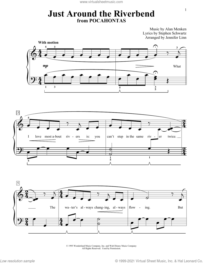 Just Around The Riverbend (from Pocahontas) (arr. Jennifer Linn) sheet music for piano solo (elementary) by Alan Menken, Jennifer Linn and Stephen Schwartz, beginner piano (elementary)