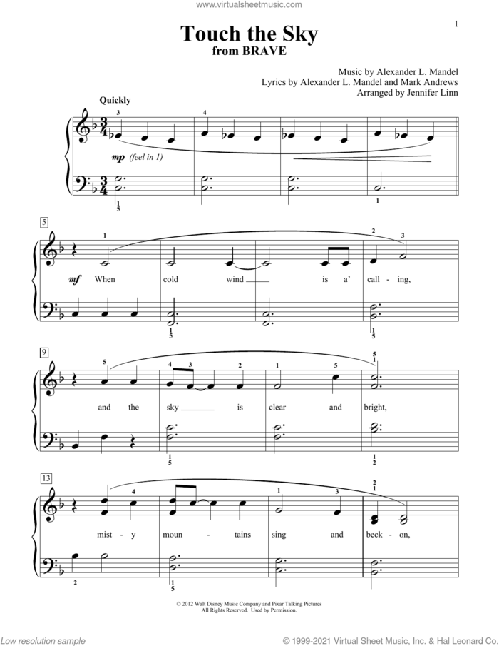 Touch The Sky (from Brave) (arr. Jennifer Linn) sheet music for piano solo (elementary) by Julie Fowlis, Jennifer Linn, Alexander L. Mandel and Mark Andrews, beginner piano (elementary)