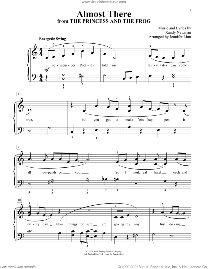 Almost There (from The Princess and the Frog) (arr. Jennifer Linn) sheet music for piano solo (elementary) by Anika Noni Rose, Jennifer Linn and Randy Newman, beginner piano (elementary)