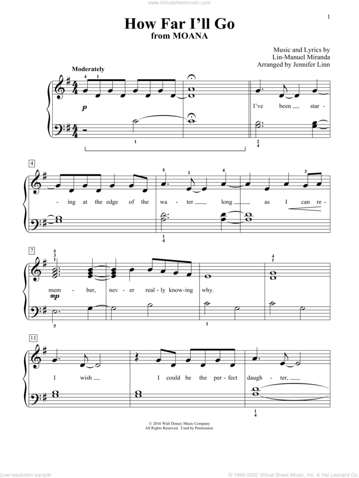 How Far I'll Go (from Moana) (arr. Jennifer Linn) sheet music for piano solo (elementary) by Lin-Manuel Miranda, Jennifer Linn and Alessia Cara, beginner piano (elementary)