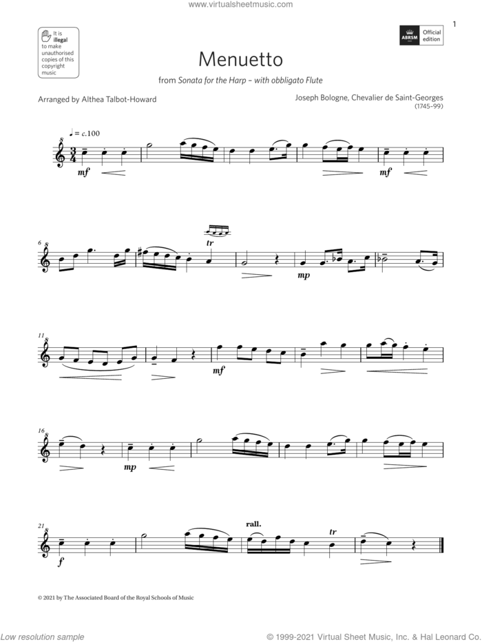 Menuetto from Sonata for the Harp (Grade 2 A6 from the ABRSM Descant Recorder syllabus from 2022) sheet music for recorder solo by Chevalier de Saint-Georges, Althea Talbot-Howard and Joseph Bologne, classical score, intermediate skill level