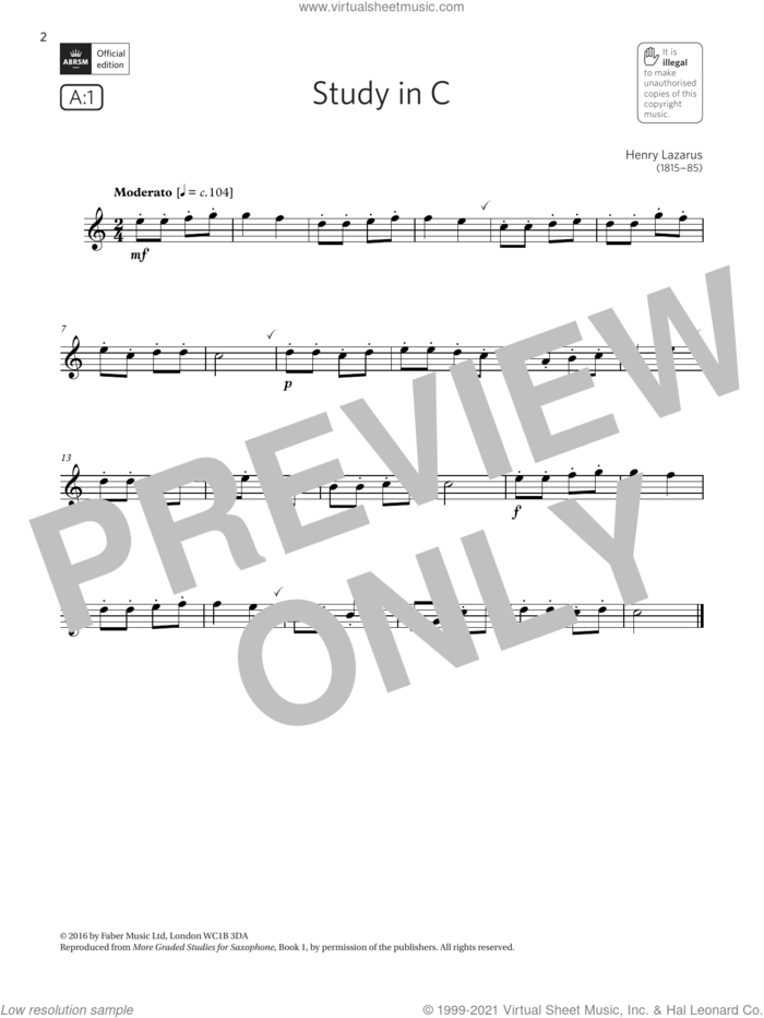 Study in C (Grade 1 List A1 from the ABRSM Saxophone syllabus from 2022) sheet music for saxophone solo by Henry Lazarus, classical score, intermediate skill level