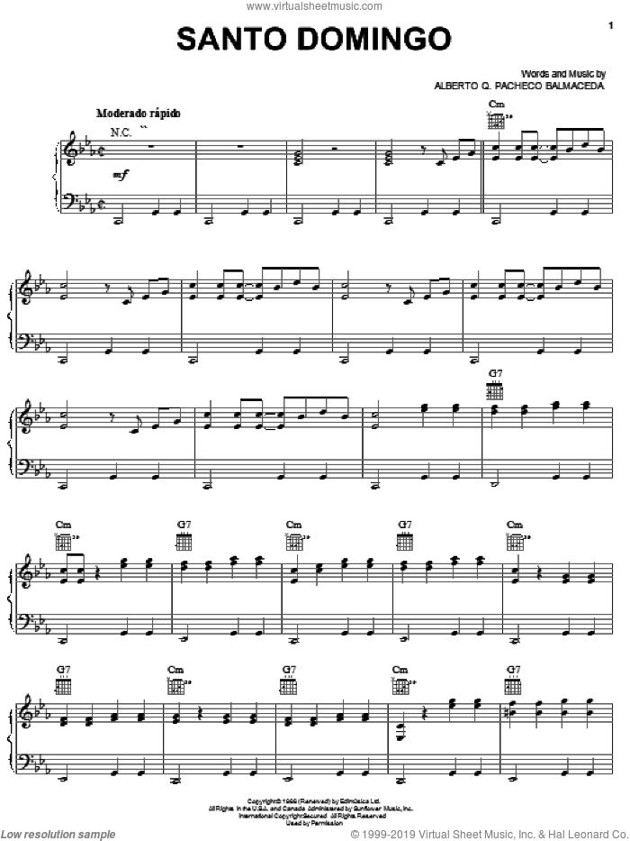 Santo Domingo sheet music for voice, piano or guitar by Alberto Q. Pacheco Balmaceda, intermediate skill level