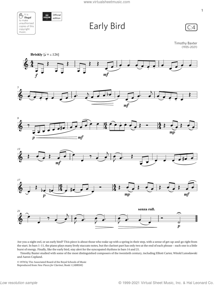 Early Bird (Grade 3 List C4 from the ABRSM Clarinet syllabus from 2022) sheet music for clarinet solo by Timothy Baxter, classical score, intermediate skill level