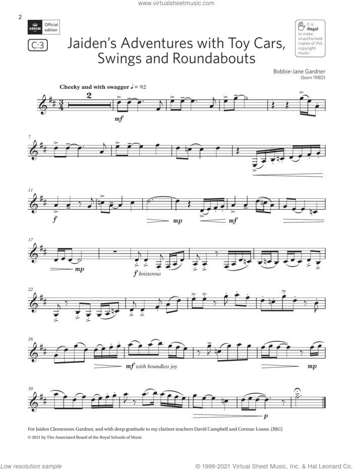 Jaiden's Adventures with Toy Cars, Swings and Roundabouts (G3 C3 ABRSM Clarinet syllabus from 2022) sheet music for clarinet solo by Bobbie-Jane Gardner, classical score, intermediate skill level