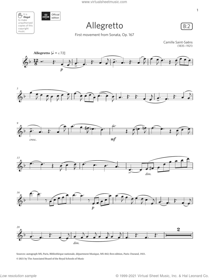 Allegretto (from Sonata, Op. 167) (Grade 7 List B2 from the ABRSM Clarinet syllabus from 2022) sheet music for clarinet solo by Camille Saint-Saens, classical score, intermediate skill level