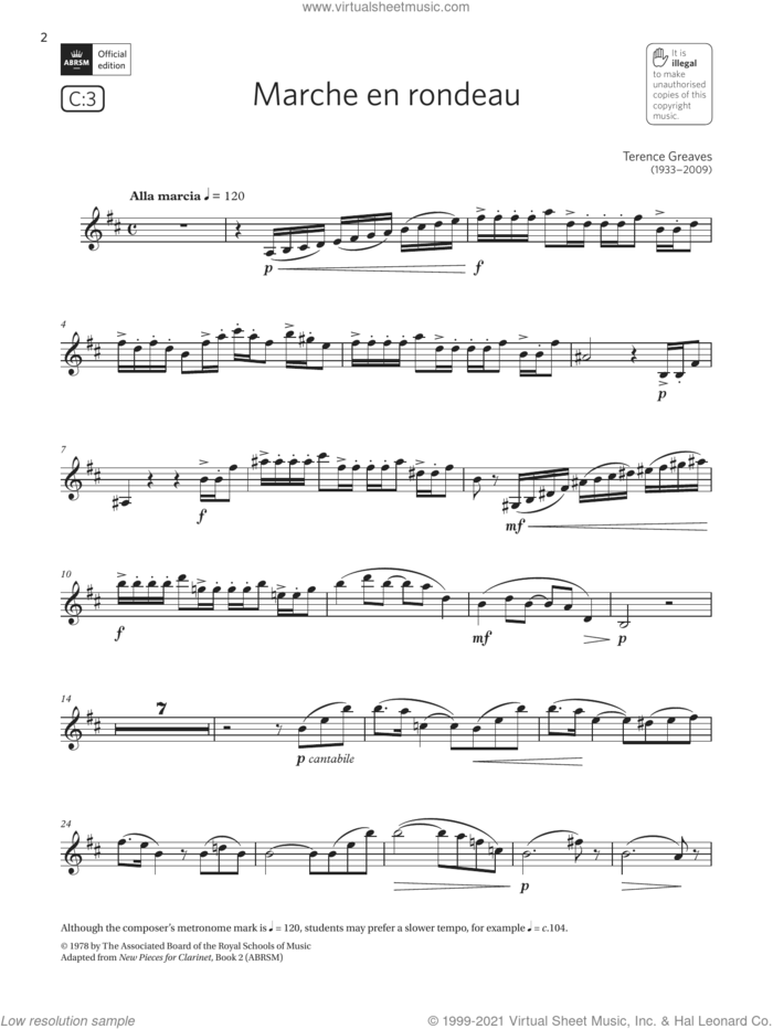Marche en rondeau (Grade 6 List C3 from the ABRSM Clarinet syllabus from 2022) sheet music for clarinet solo by Terence Greaves, classical score, intermediate skill level