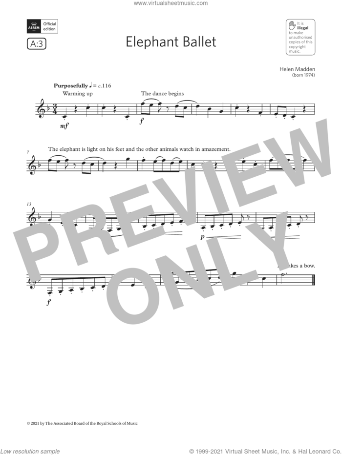 Elephant Ballet (Grade 2 List A3 from the ABRSM Clarinet syllabus from 2022) sheet music for clarinet solo by Helen Madden, classical score, intermediate skill level
