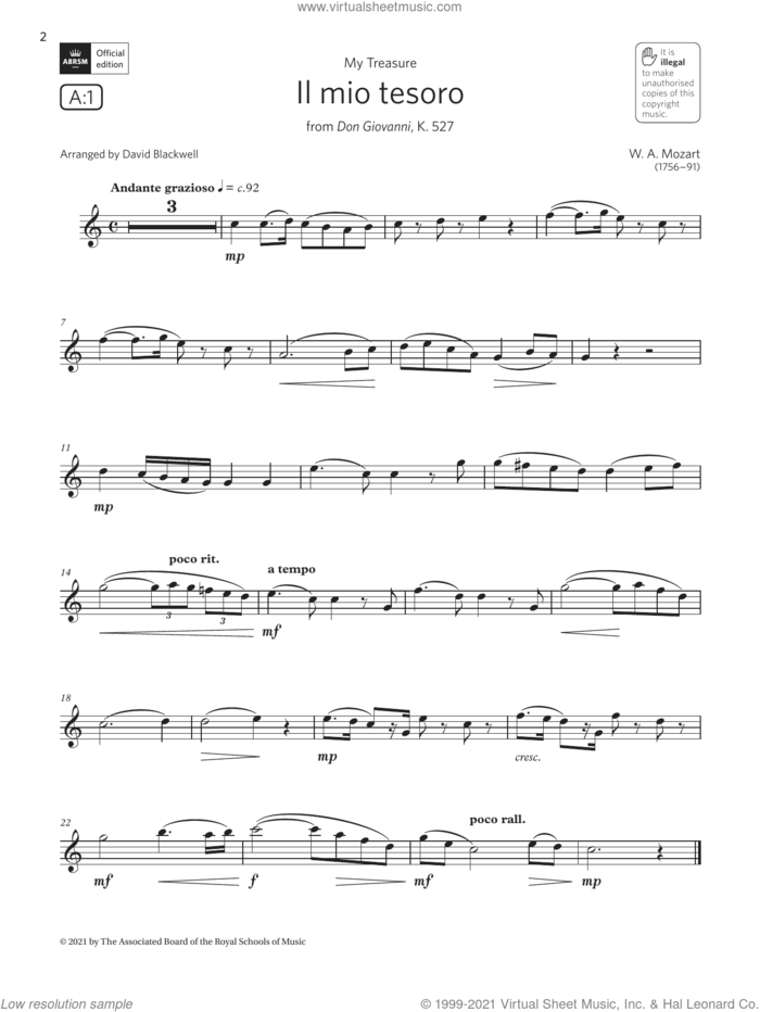Il mio tesoro (from Don Giovanni)  (Grade 3 List A1 from the ABRSM Clarinet syllabus from 2022) sheet music for clarinet solo by Wolfgang Amadeus Mozart and David Blackwell, classical score, intermediate skill level