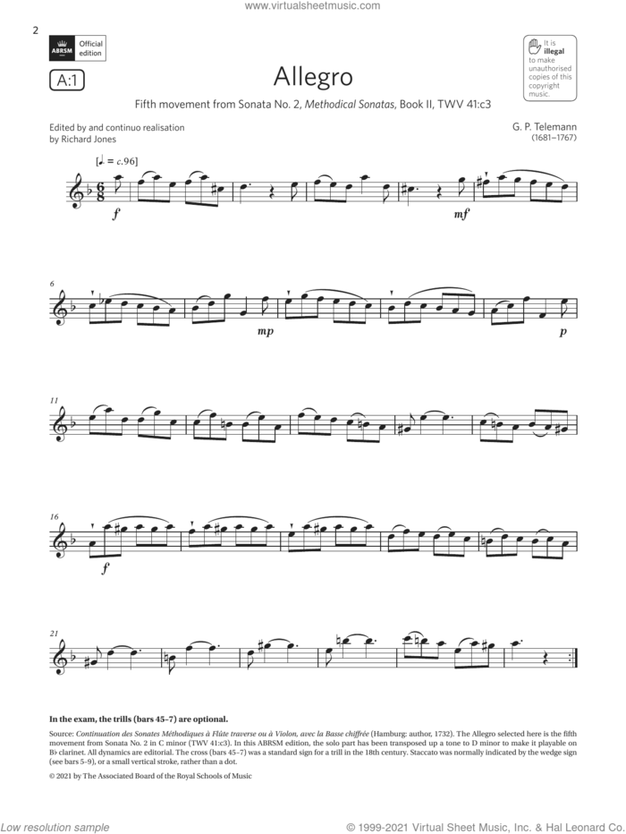 Allegro (from Sonata No. 2) (Grade 4 List A1 from the ABRSM Clarinet syllabus from 2022) sheet music for clarinet solo by Georg Philipp Telemann, classical score, intermediate skill level