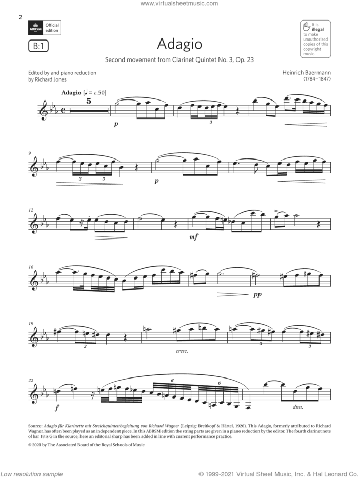 Adagio (from Clarinet Quintet No. 3) (Grade 6 List B1 from the ABRSM Clarinet syllabus from 2022) sheet music for clarinet solo by Heinrich Baermann, classical score, intermediate skill level