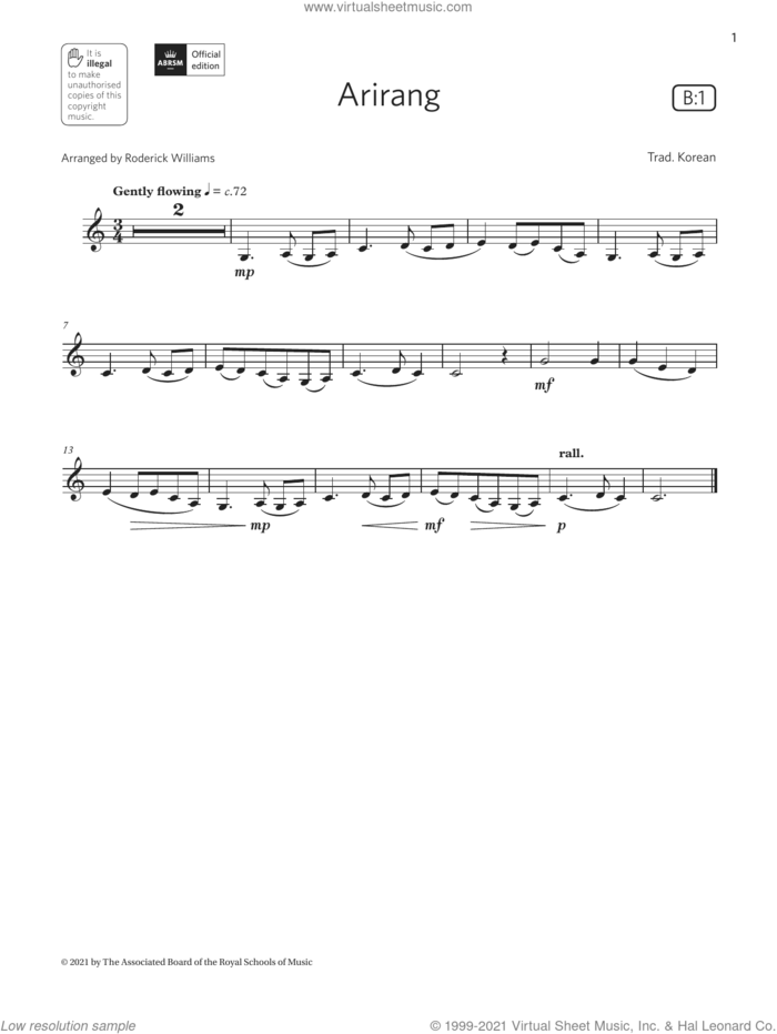 Arirang  (Grade 1 List B1 from the ABRSM Clarinet syllabus from 2022) sheet music for clarinet solo by Trad. Korean and Roderick Williams, classical score, intermediate skill level