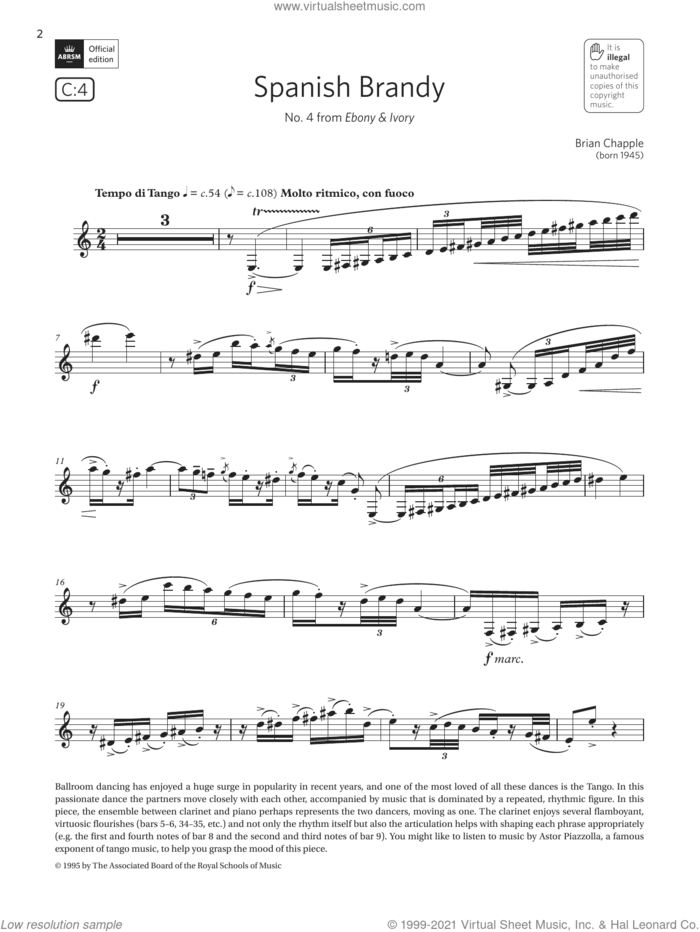Spanish Brandy (No4 from Ebony and Ivory)(Grade 6 List C4 from the ABRSM Clarinet syllabus from 2022) sheet music for clarinet solo by Brian Chapple, classical score, intermediate skill level