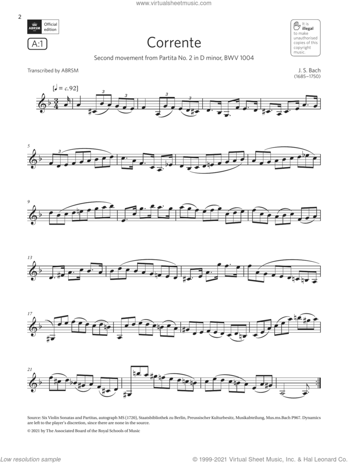 Corrente (from Partita No2 in D minor) (Grade 6 List A1 from the ABRSM Clarinet syllabus from 2022) sheet music for clarinet solo by Johann Sebastian Bach and ABRSM, classical score, intermediate skill level