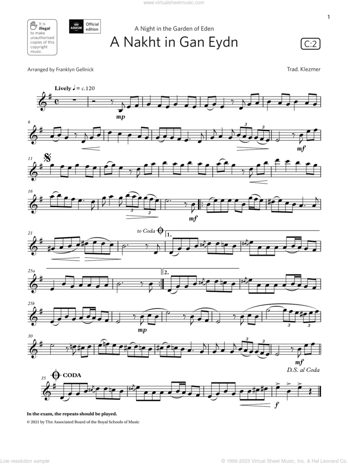 A Nakht in Gan Eydn  (Grade 4 List C2 from the ABRSM Clarinet syllabus from 2022) sheet music for clarinet solo by Trad. Klezmer and Franklyn Gellnick, classical score, intermediate skill level