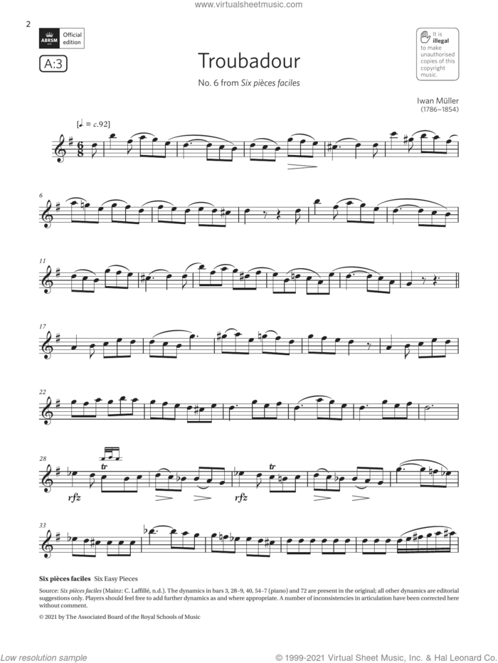 Troubadour (from Six pieces faciles) (Grade 5 List A3 from the ABRSM Clarinet syllabus from 2022) sheet music for clarinet solo by Iwan Müller, classical score, intermediate skill level