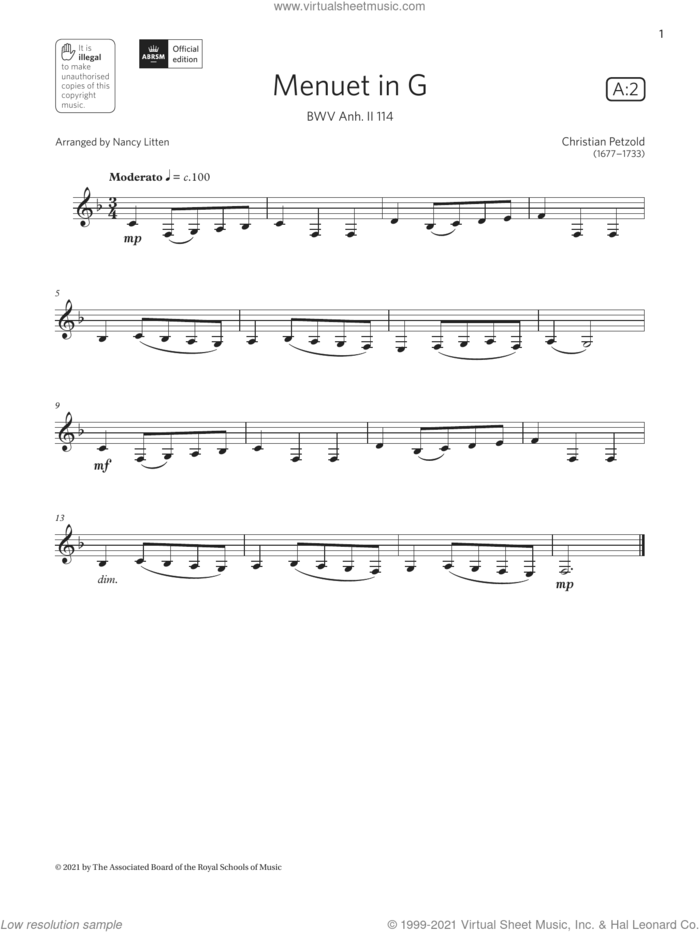 Menuet in G, BWV Anh. II 114  (Grade 1 List A2 from the ABRSM Clarinet syllabus from 2022) sheet music for clarinet solo by Christian Petzold and Nancy Litten, classical score, intermediate skill level