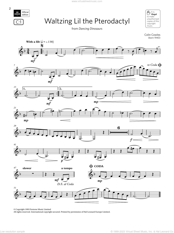 Waltzing Lil the Pterodactyl (Grade 3 List C1 from the ABRSM Clarinet syllabus from 2022) sheet music for clarinet solo by Colin Cowles, classical score, intermediate skill level