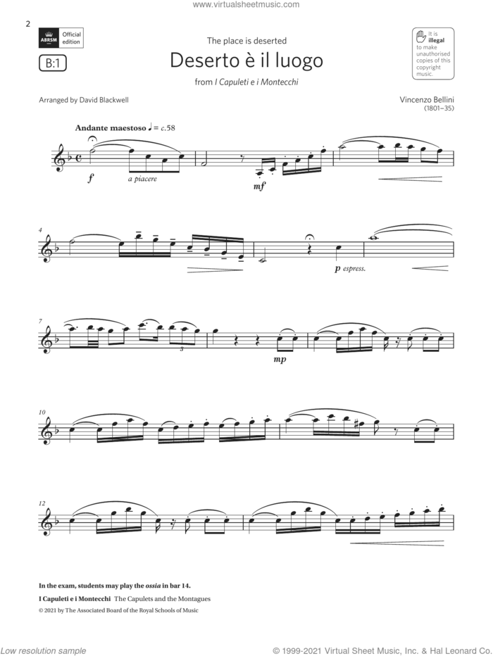 Deserto e il luogo (Grade 5 List B1 from the ABRSM Clarinet syllabus from 2022) sheet music for clarinet solo by Vincenzo Bellini and David Blackwell, classical score, intermediate skill level