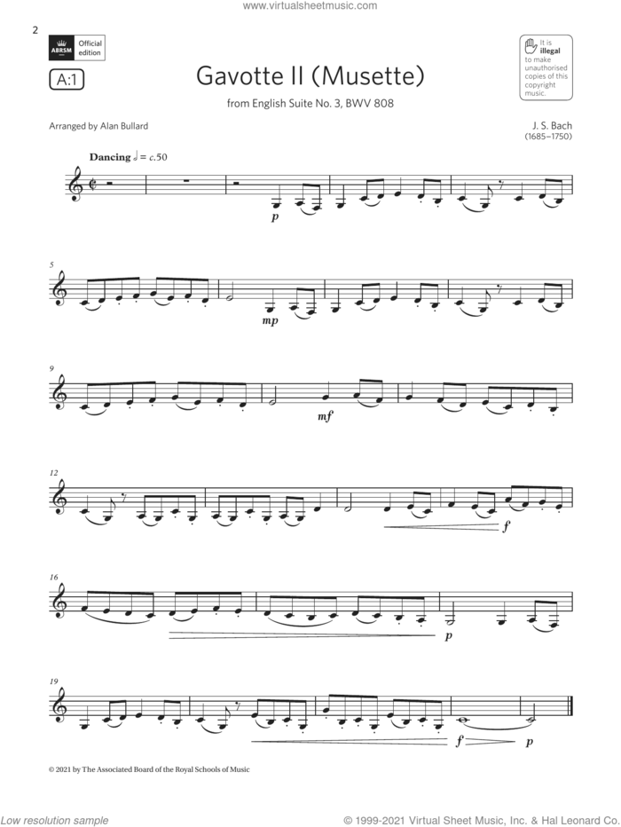Gavotte II (from English Suite No. 3)  (Grade 2 List A1 from the ABRSM Clarinet syllabus from 2022) sheet music for clarinet solo by Johann Sebastian Bach and Alan Bullard, classical score, intermediate skill level