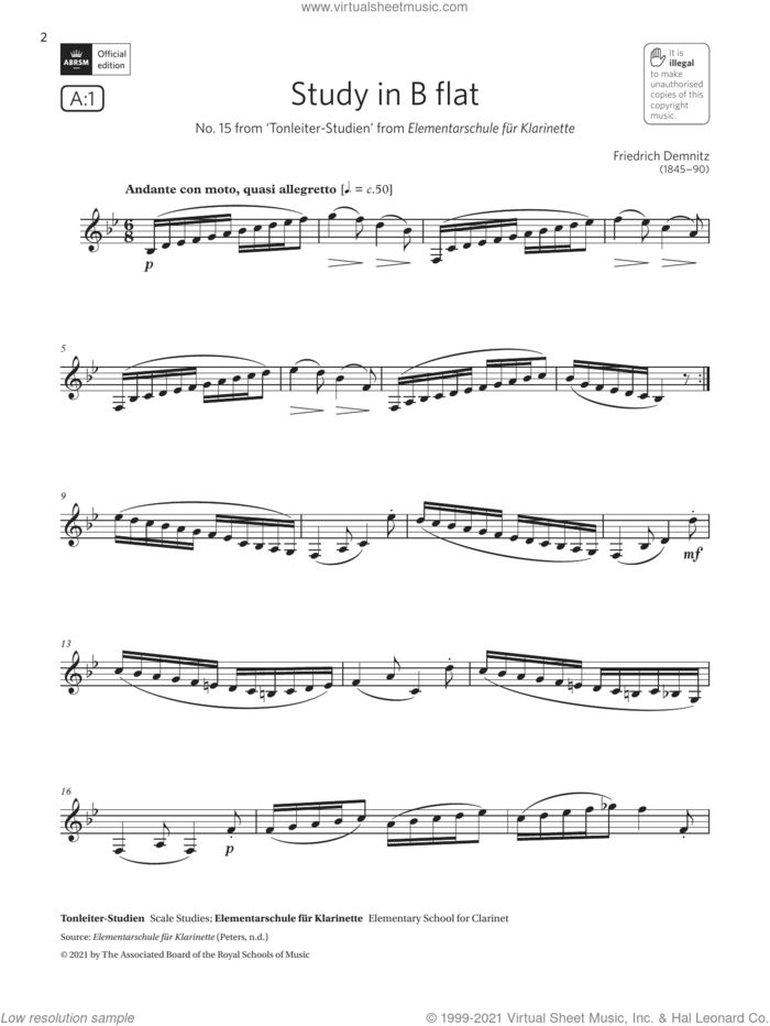 Study in B flat ('Tonleiter-Studien') (Grade 5 List A1 from the ABRSM Clarinet syllabus from 2022) sheet music for clarinet solo by Friedrich Demnitz, classical score, intermediate skill level