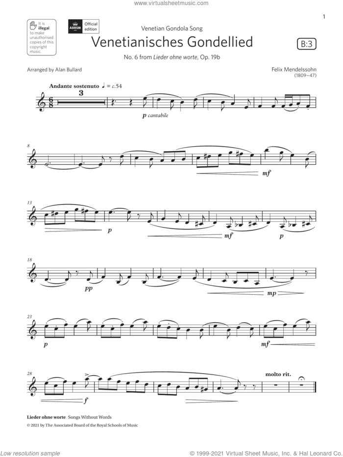 Venetianisches Gondellied (Grade 3 List B3 from the ABRSM Clarinet syllabus from 2022) sheet music for clarinet solo by Felix Mendelssohn-Bartholdy and Alan Bullard, classical score, intermediate skill level