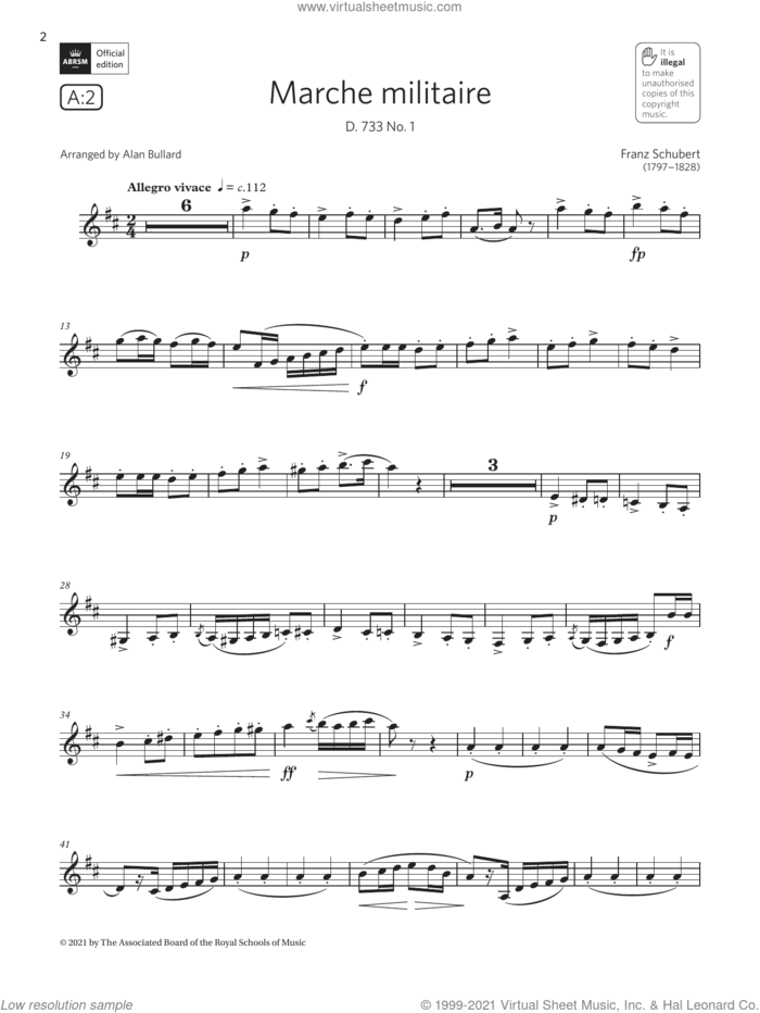 Marche militaire, D. 733 No. 1  (Grade 5 List A2 from the ABRSM Clarinet syllabus from 2022) sheet music for clarinet solo by Franz Schubert and Alan Bullard, classical score, intermediate skill level