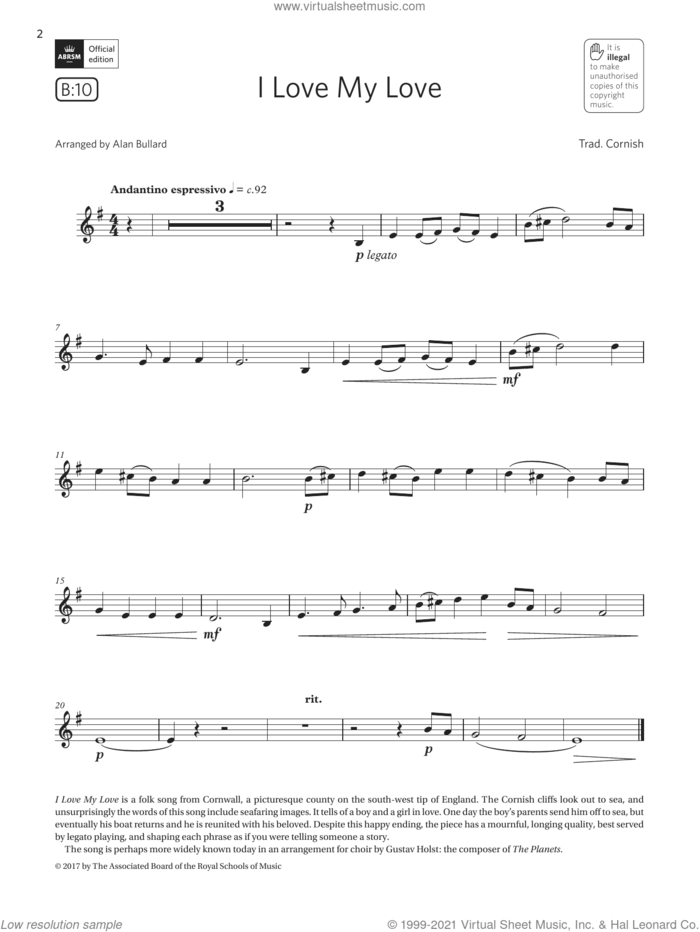 I Love My Love  (Grade 2 List B10 from the ABRSM Clarinet syllabus from 2022) sheet music for clarinet solo by Trad. Cornish and Alan Bullard, classical score, intermediate skill level